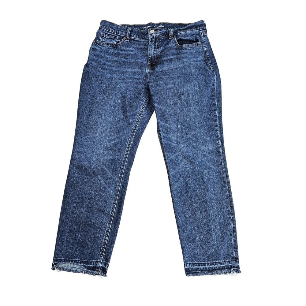 Old Navy Mid Rise Boyfriend Jeans Womens 8 Blue Distressed Raw Hem Stretch Denim